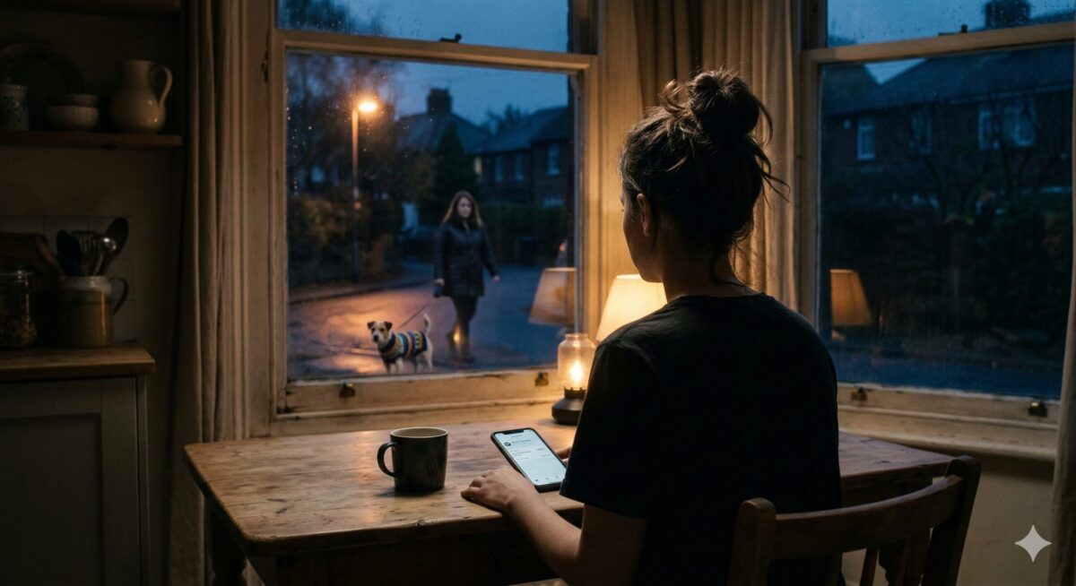 Рита сидит у окна на кухне после разговора с мужем — в телефоне уведомление о переводе денег свекрови, за окном женщина выгуливает собаку.