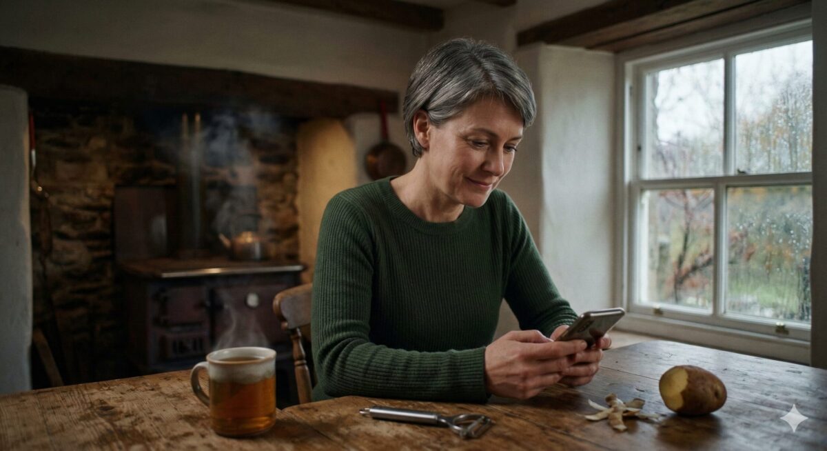 Люба сидит за столом в маленькой комнате, чистит картошку — на лице тень улыбки: сын скоро приедет.