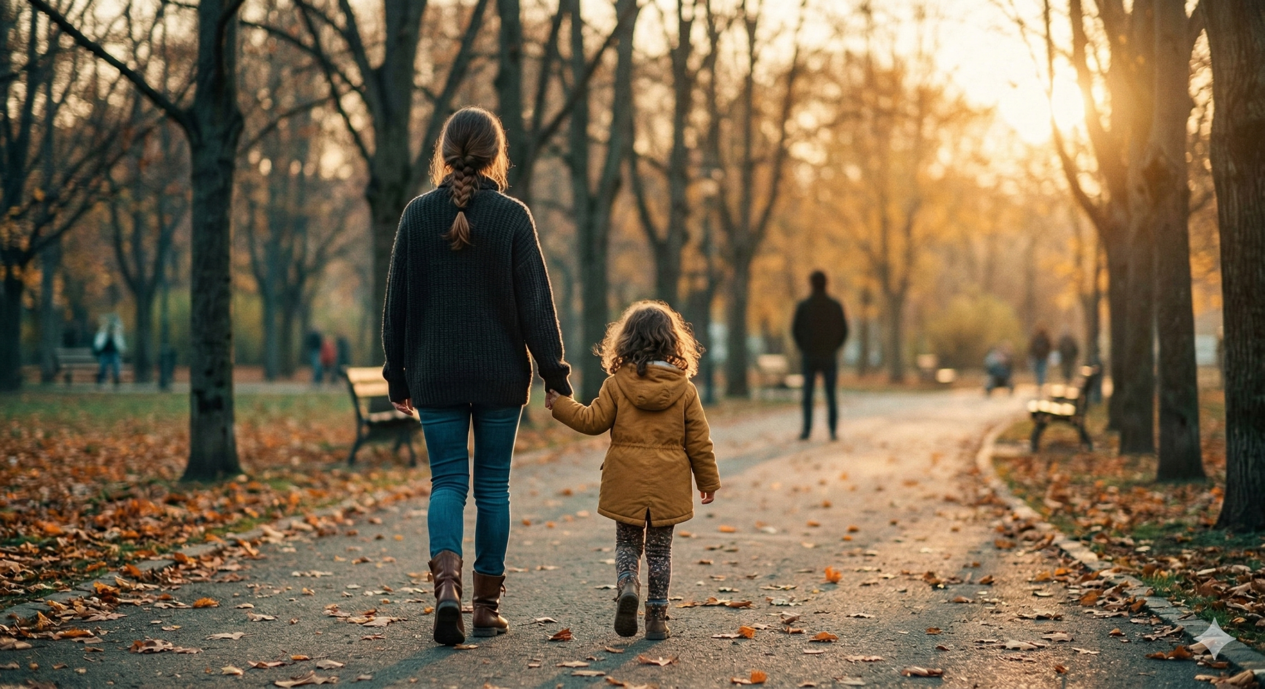 Молодая женщина крепко держит за руку маленькую девочку в осеннем парке, вдалеке мужской силуэт