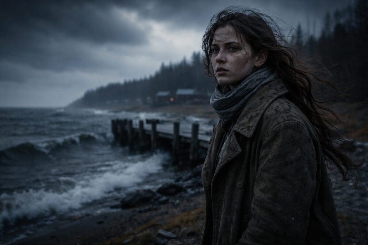 Женщина на берегу Ладоги в холодный осенний вечер