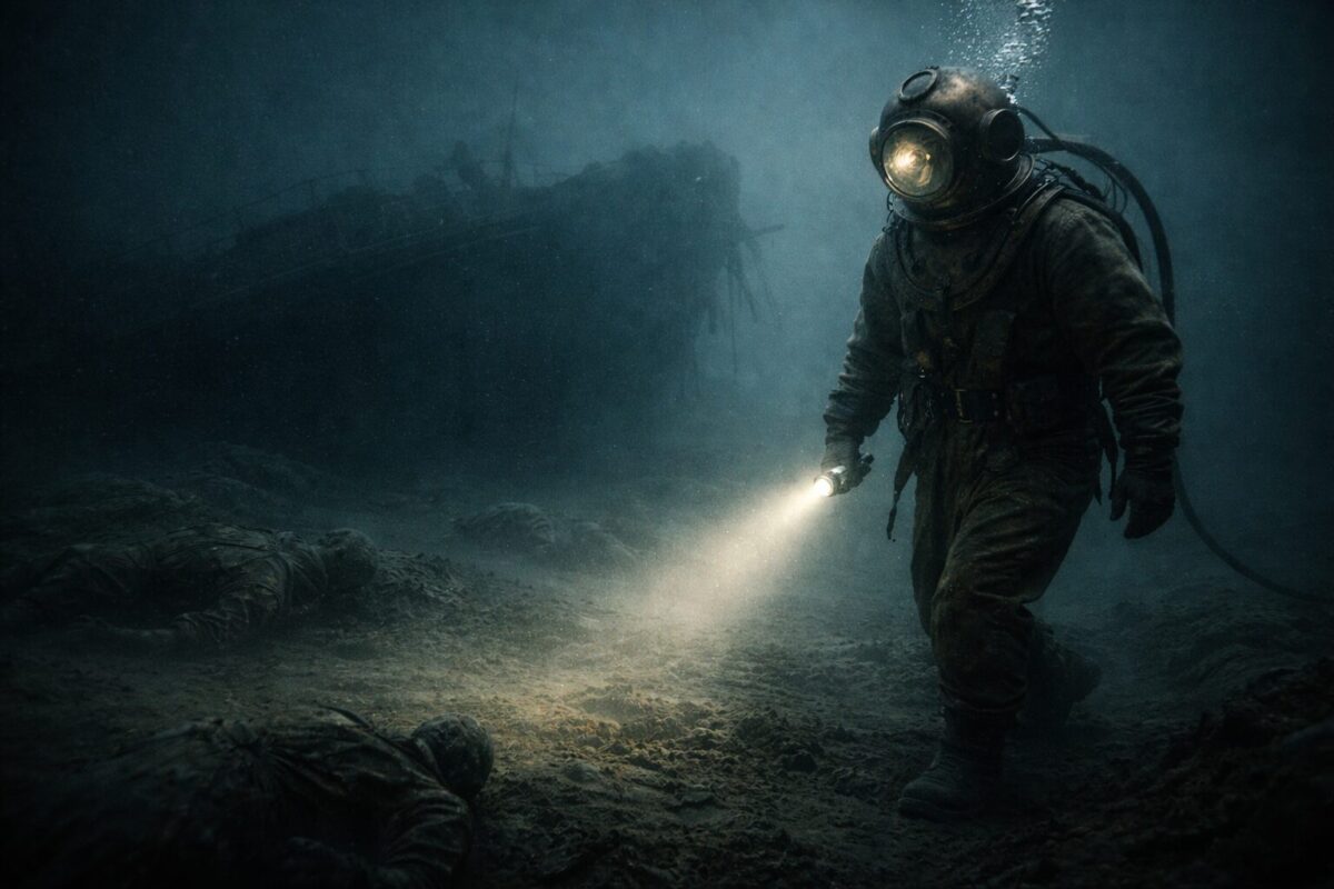 Водолаз у затонувшей баржи на дне Ладоги в мутной воде