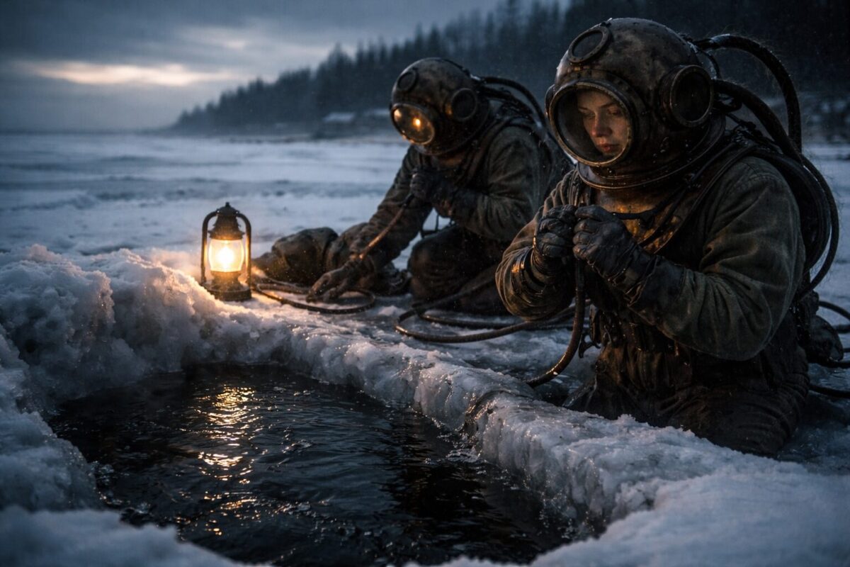 Женщины-водолазы у проруби на замёрзшей Ладоге вечером