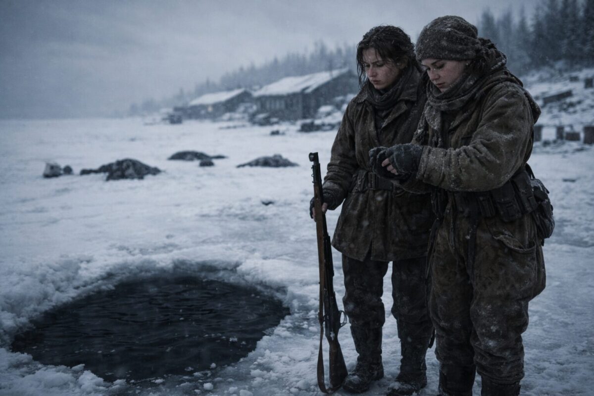 Две женщины в зимней одежде стоят у майны на заснеженной базе