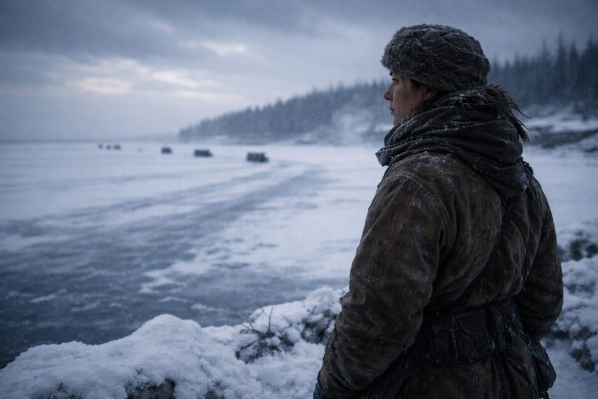 Анна стоит на набережной и смотрит в сторону Ладоги. На заднем плане — едва заметные следы грузовиков на льду. Вокруг — заснеженный город, зима, блокада. В глазах женщины — решимость и память о тех, кто остался на дне.