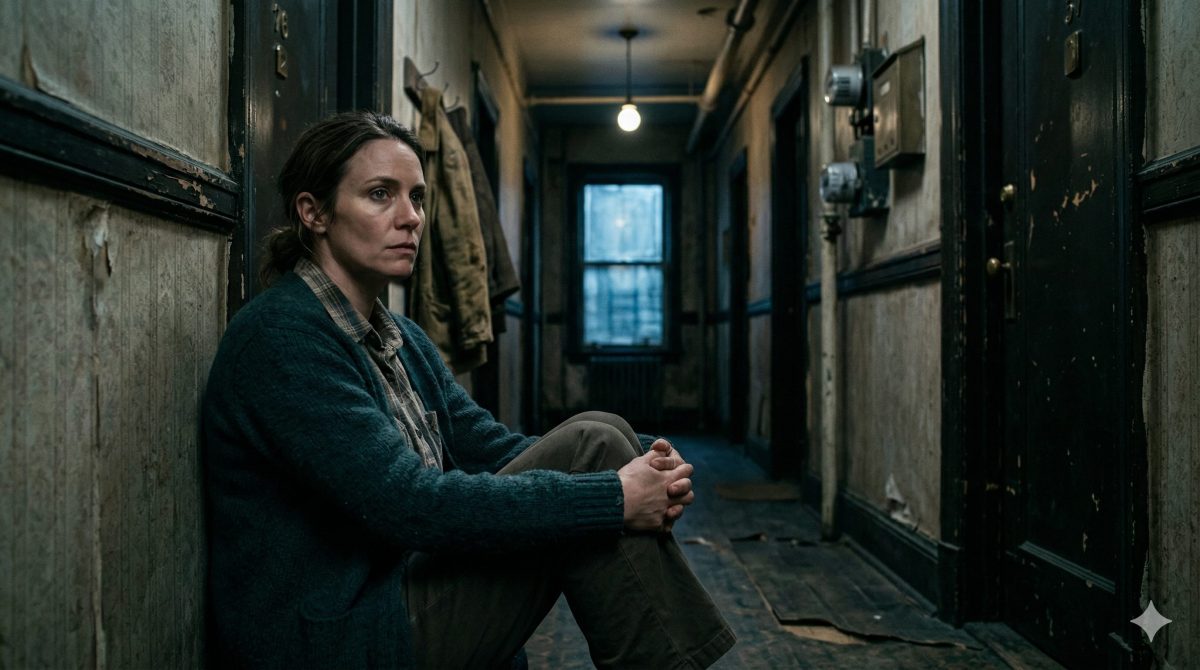 Решительная мать сидит в темной прихожей старого дома. Напряженная семейная драма о борьбе за ребенка.