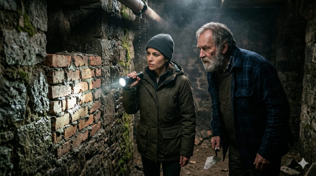 Женщина и краевед освещают фонариком замурованную кирпичную нишу в темном подвале.