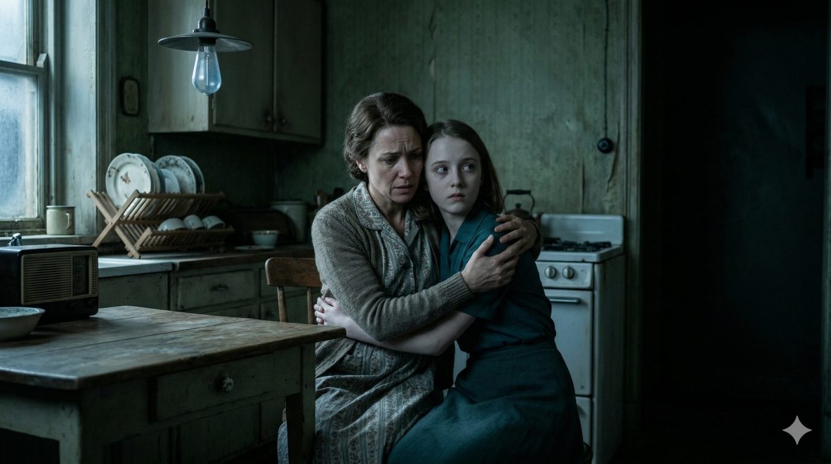 Встревоженная мать обнимает напуганную дочь на темной кухне. Читать захватывающие