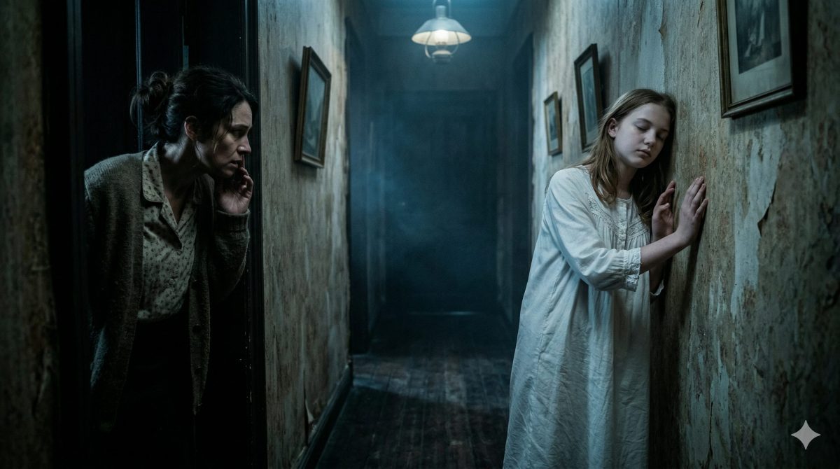 Напуганная мать смотрит на дочь-лунатика, стоящую у стены в темном коридоре. Жизненные истории о мистике и семье.