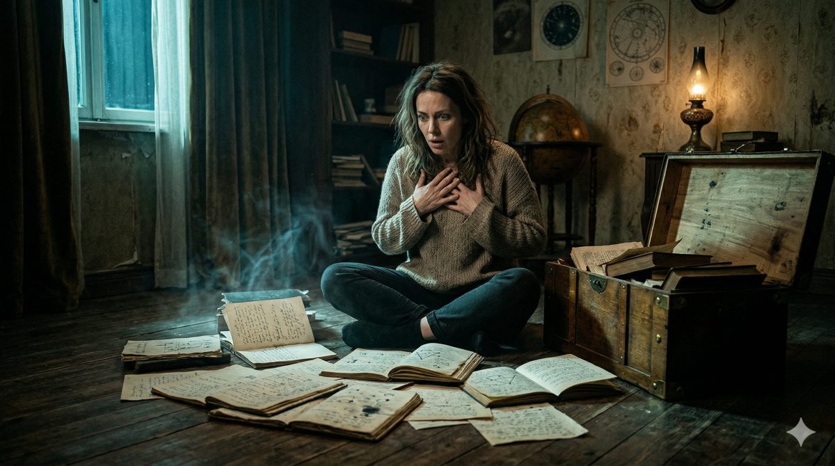 Потрясенная женщина читает старые дневники из сундука. Захватывающая семейная тайна рассказ про загадочное прошлое.