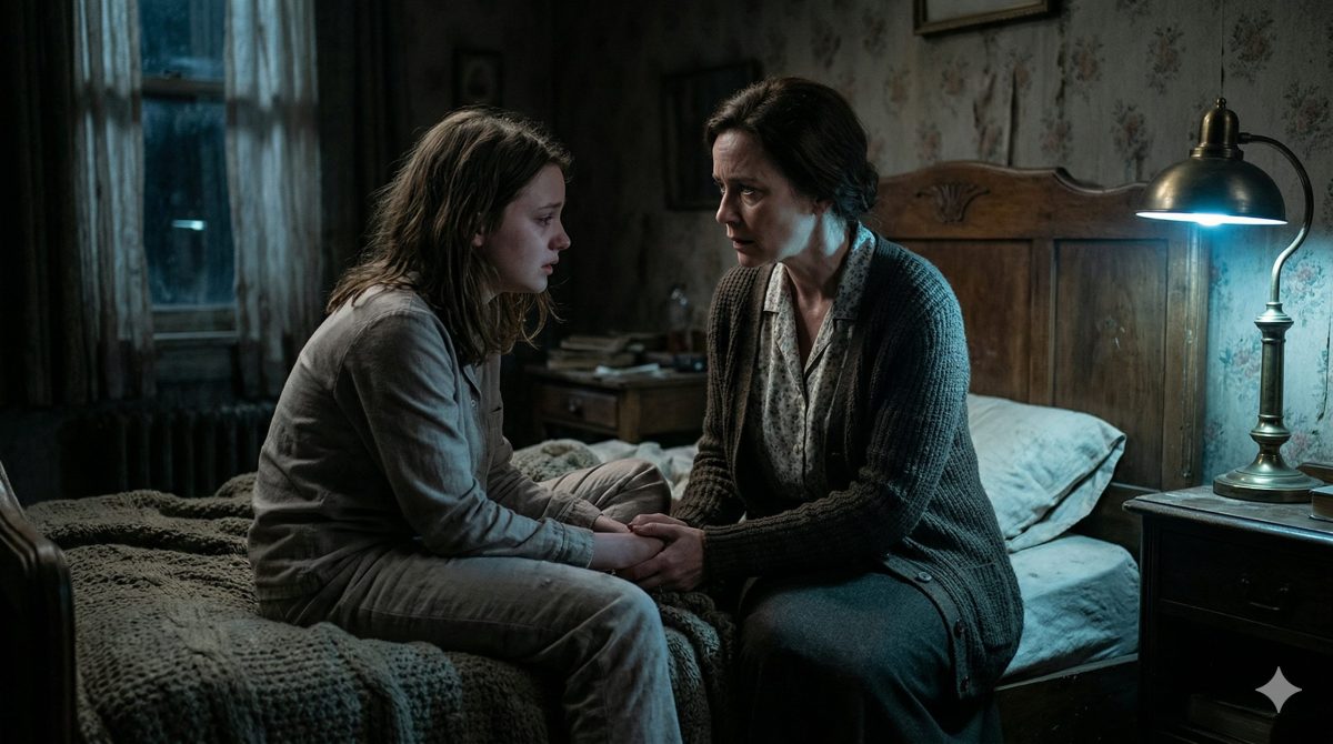 Мать внимательно слушает рассказ дочери в полутемной спальне. Жизненные истории о семье.