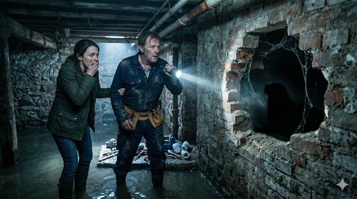 Женщина и сантехник с ужасом смотрят на человеческие кости за разрушенной кирпичной кладкой в темном подвале.