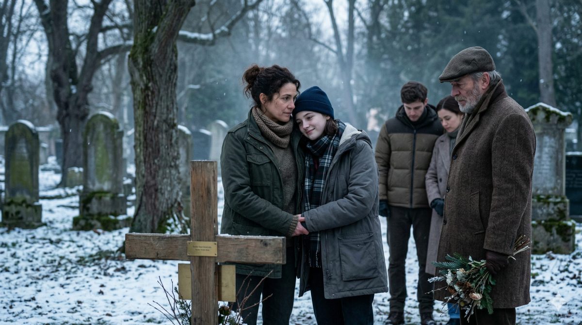 Небольшая группа людей у простой деревянной могилы на старом кладбище.