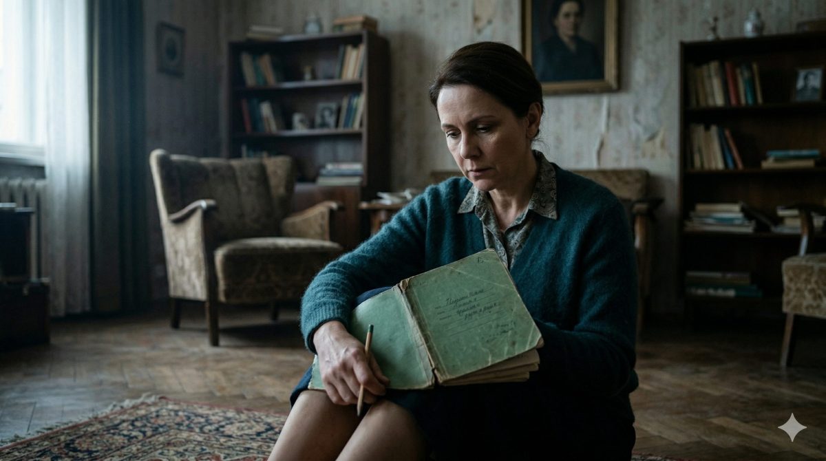 Женщина с задумчивым выражением лица сидит на полу в старой квартире, держа открытую зеленую тетрадь.