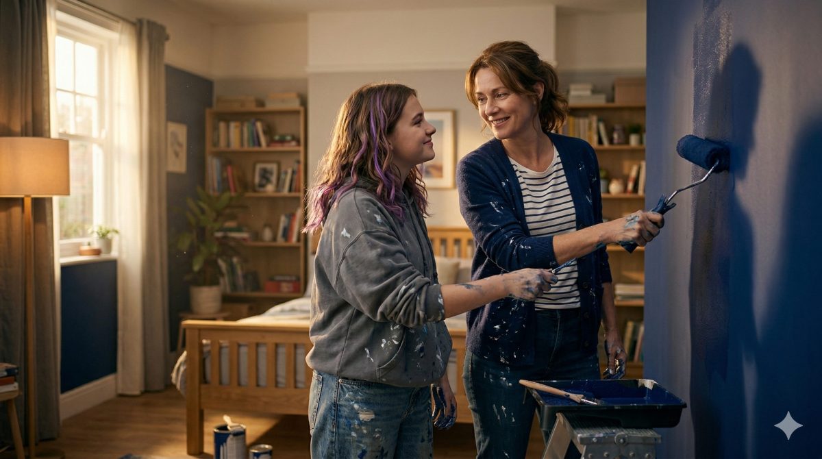 Мать и дочь-подросток вместе красят стену в комнате в темно-синий цвет.