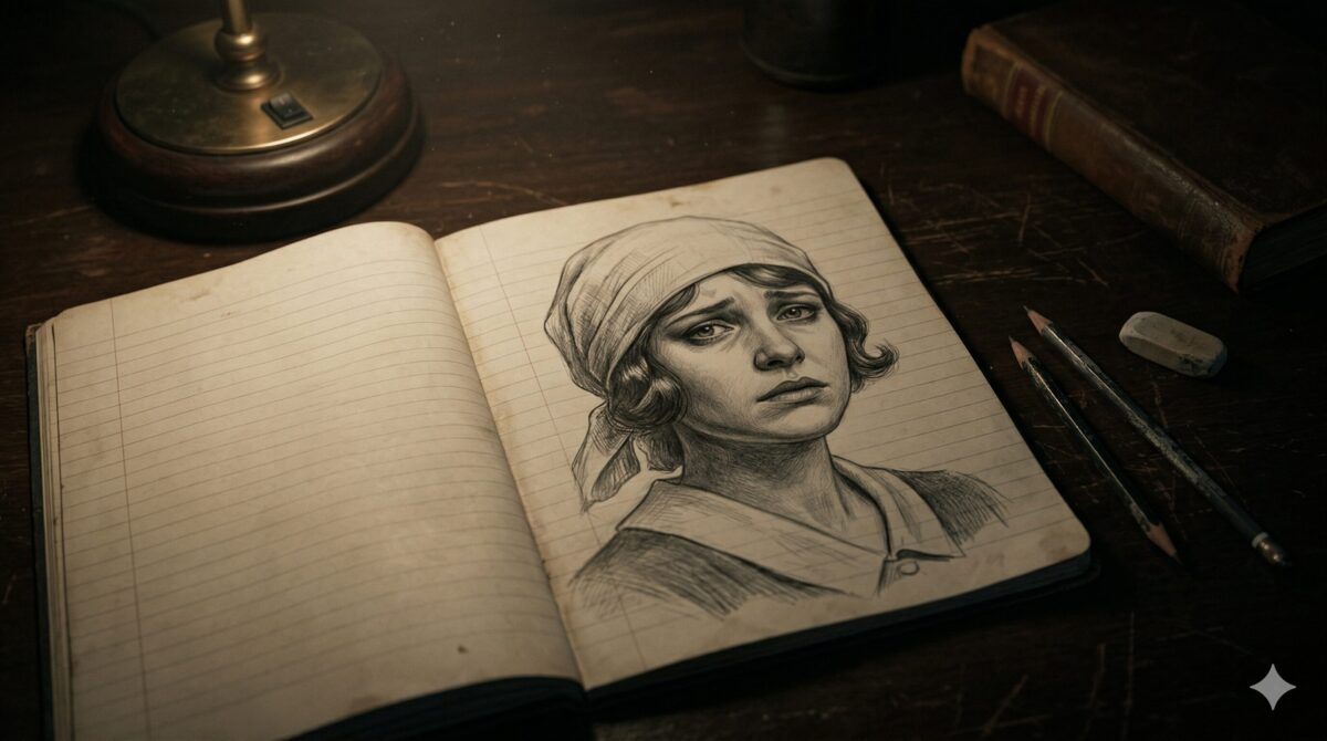 Раскрытая школьная тетрадь с тревожным карандашным портретом старинной женщины. Мистическая история с продолжением.