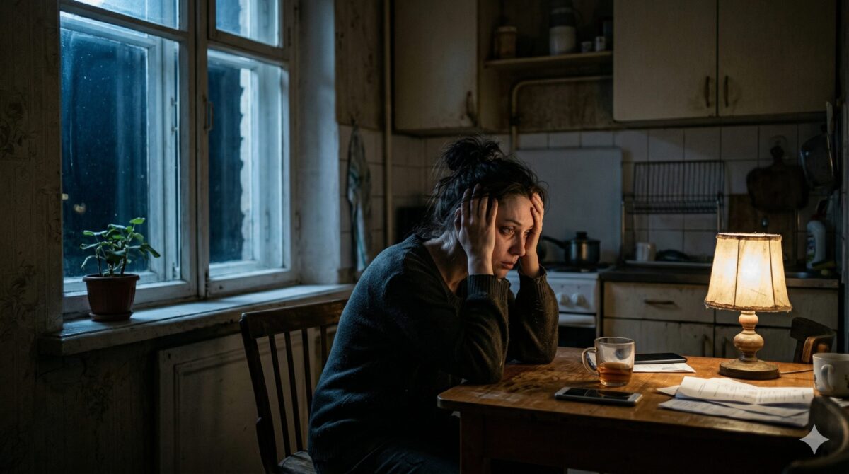 Уставшая мать сидит ночью на тусклой кухне, переживая за дочь. Настоящая семейная драма.