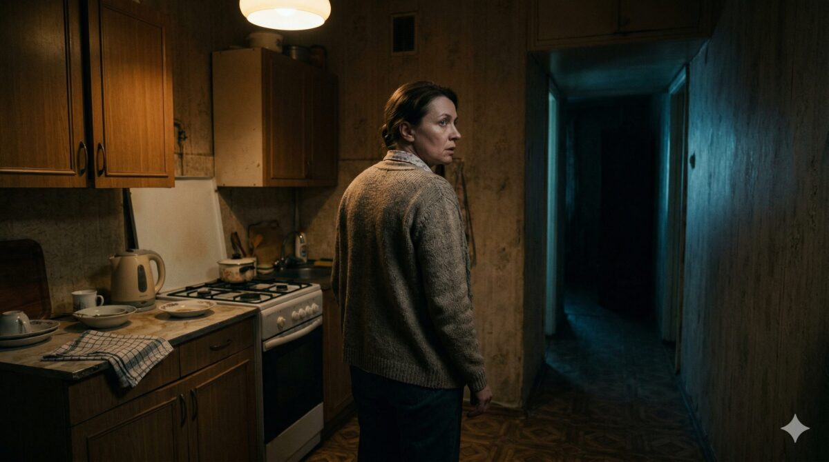 Встревоженная мать в темной квартире прислушивается к пугающим звукам. Напряженная семейная драма.