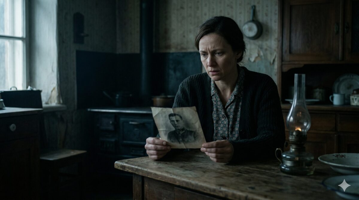 Напуганная женщина держит старинную фотографию в темной комнате. Читайте мистические истории с продолжением.