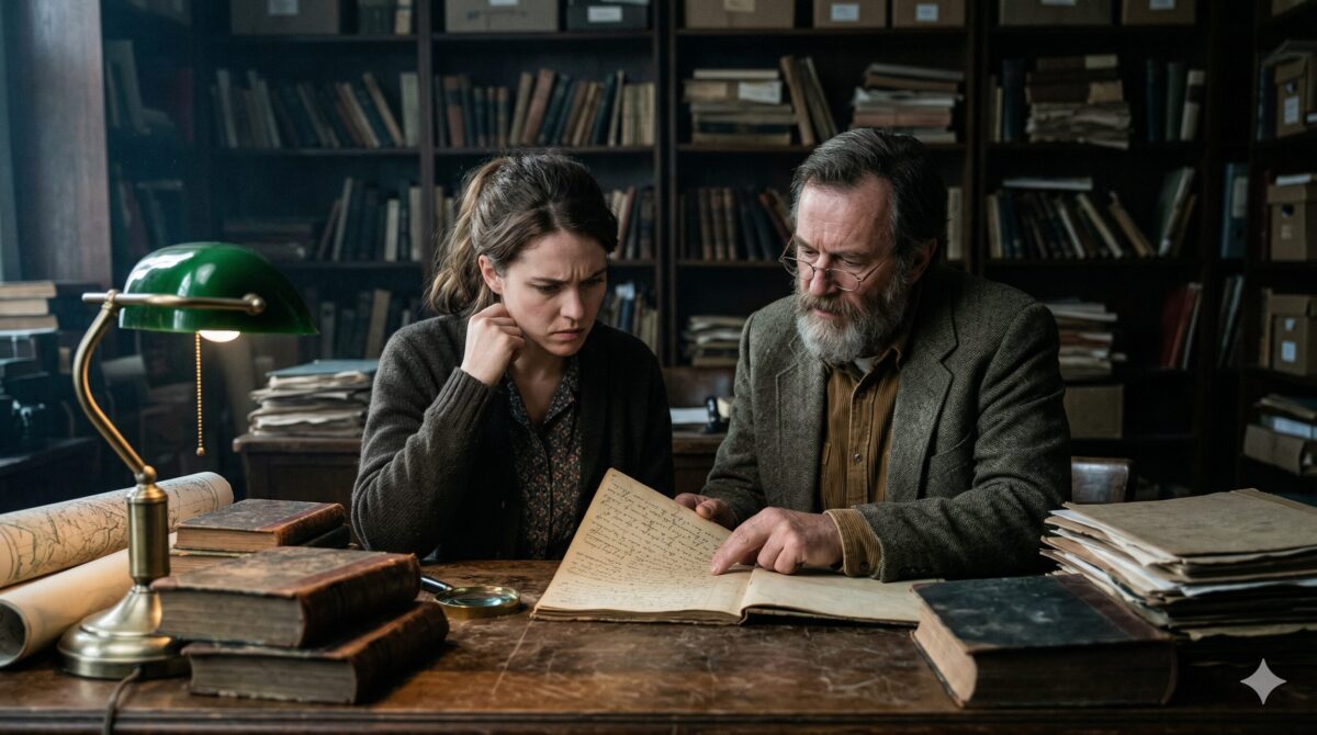 Женщина и краевед изучают старинные документы в архиве. Читать истории с продолжением.