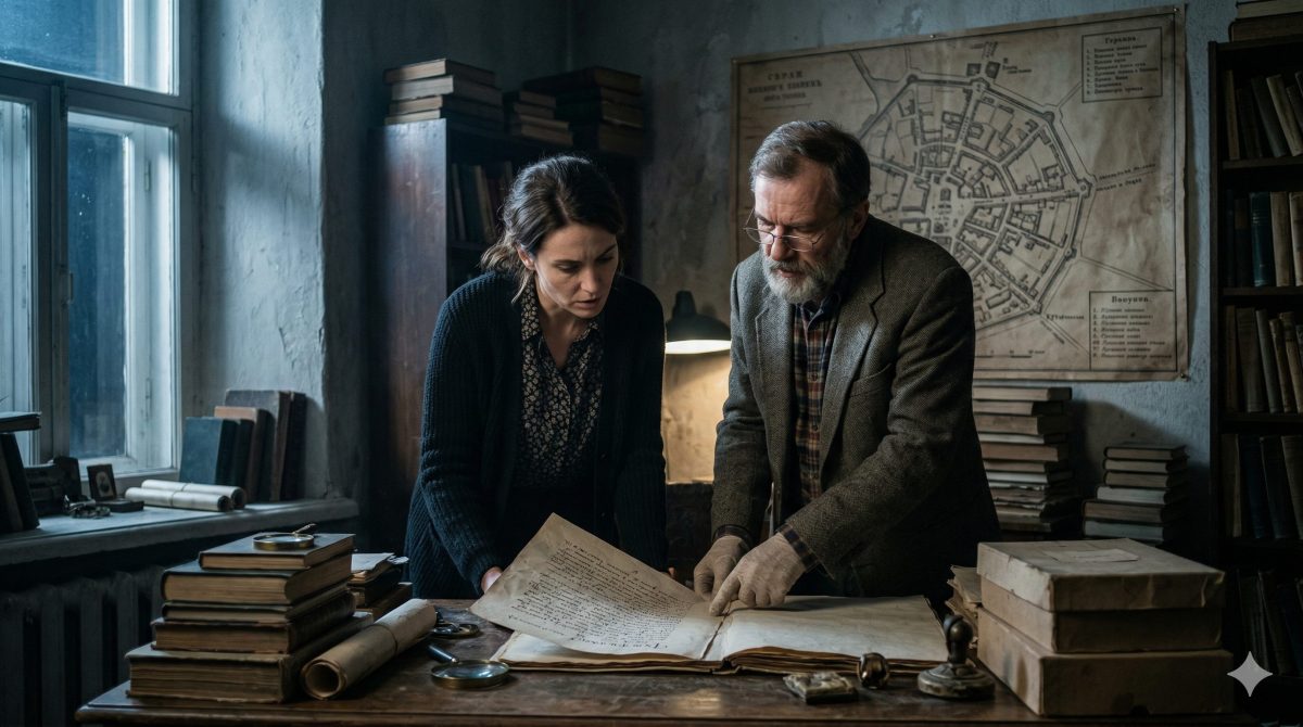 Женщина и краевед изучают старинные документы в архиве. Увлекательные истории с продолжением.