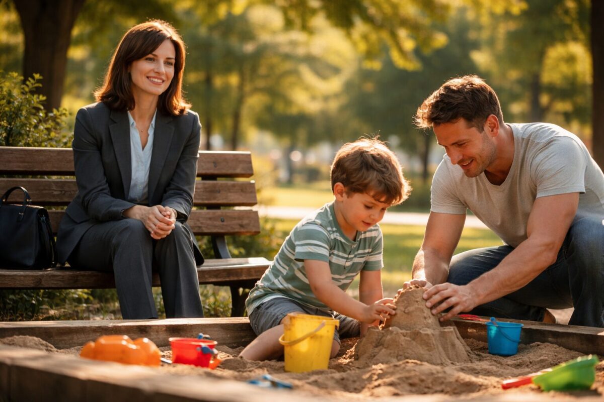 Вера наблюдает, как сын играет в песочнице с новым знакомым — начало новой жизни.