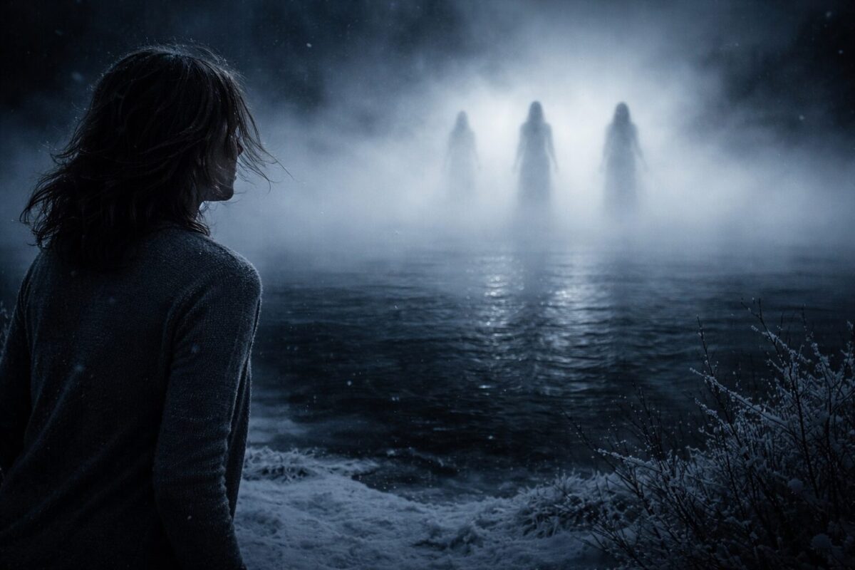 Женщина у чёрного озера вглядывается в зловещий туман, из которого проступают таинственные силуэты.