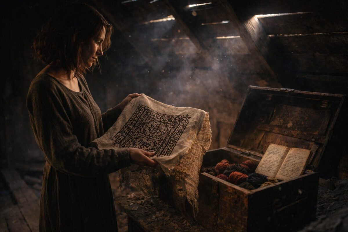 Женщина на чердаке держит старинное полотно с загадочным узором рядом с открытым сундуком — ключ к спасению мальчика.