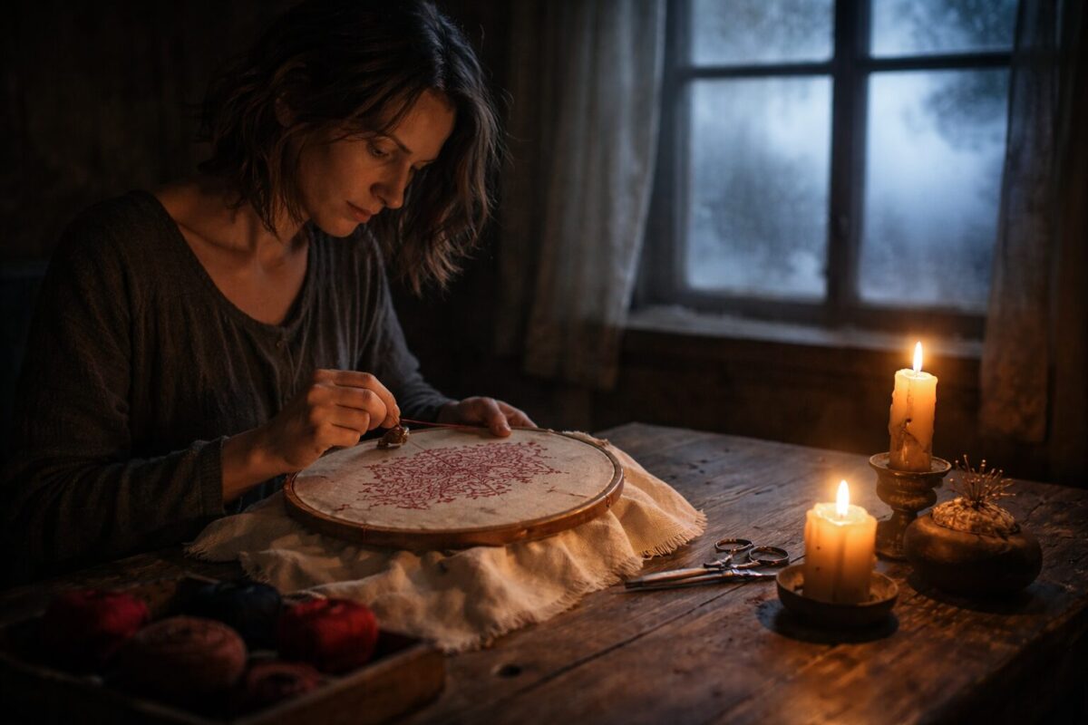 Женщина вышивает красный узор на льне — защиту от мистической угрозы.