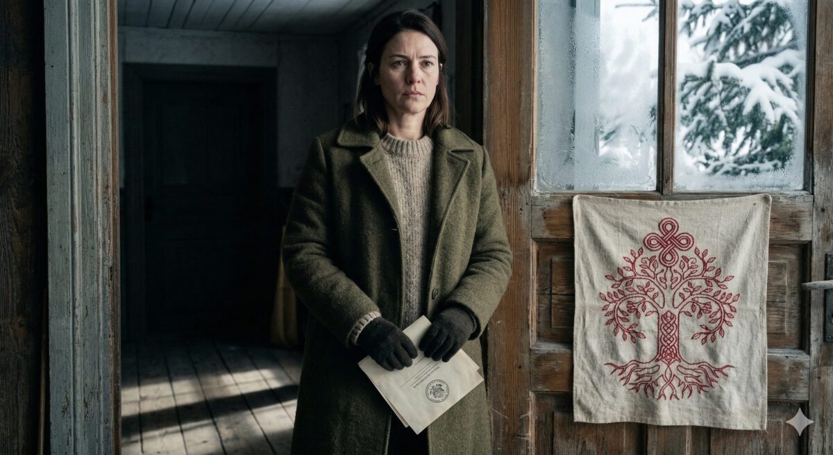 Женщина с документом в руке стоит у двери с вышитым оберегом — символ защиты и решимости в борьбе за будущее.