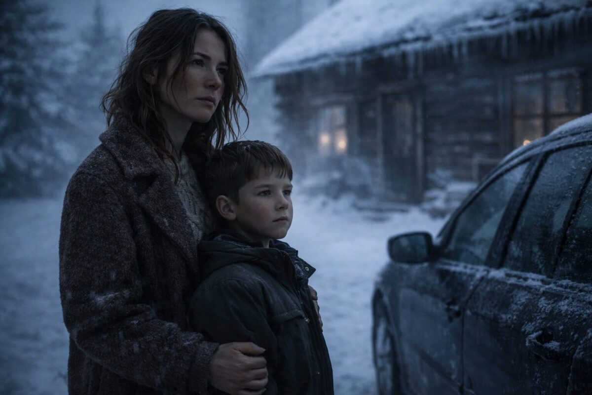 Женщина и мальчик у деревянного дома зимой перед переездом