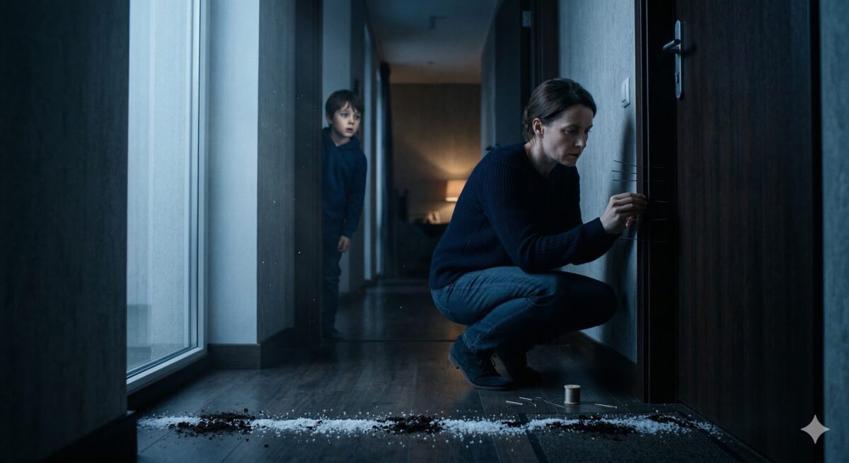 Женщина устанавливает обереги у входной двери, мальчик наблюдает