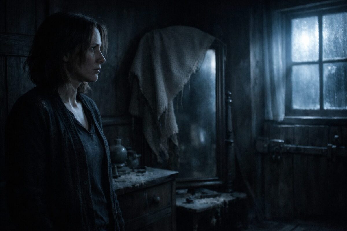 Екатерина в старом доме: зеркало занавешено, в воздухе — ощущение тайны и одиночества.