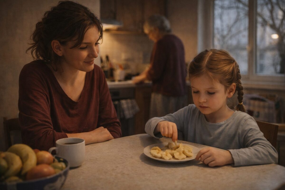 Женщина и маленькая девочка сидят за столом: девочка ест бананы, женщина смотрит на неё с улыбкой. На заднем плане бабушка хлопочет на кухне