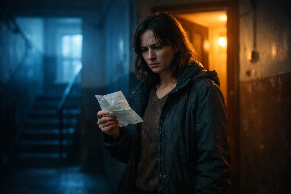 Женщина с квитанцией в руке в полутемном подъезде — сцена из рассказа о свекрови и невестке
