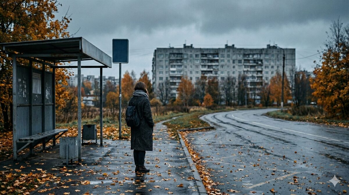 Женщина на осенней автобусной остановке маленького города — семейная драма о материнском долге