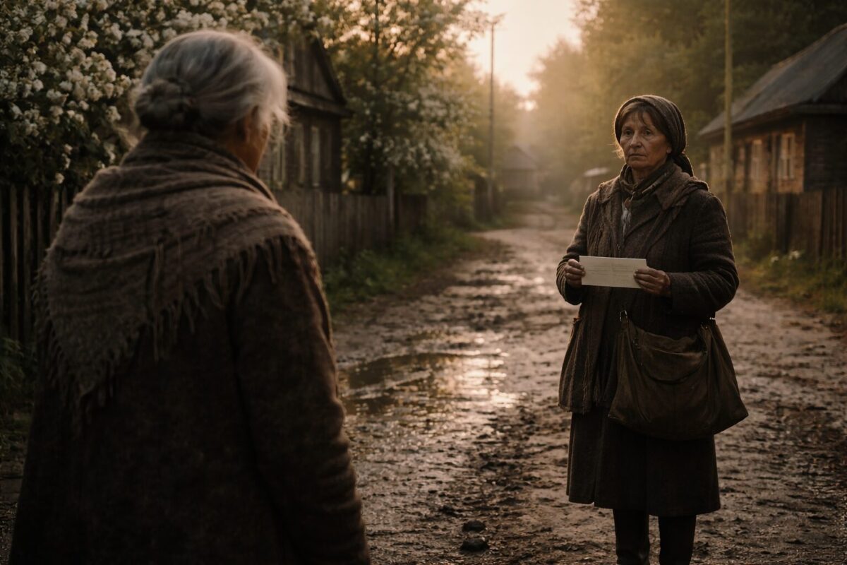 Пожилая женщина и почтальонша с казённым конвертом — семейная драма ожидания