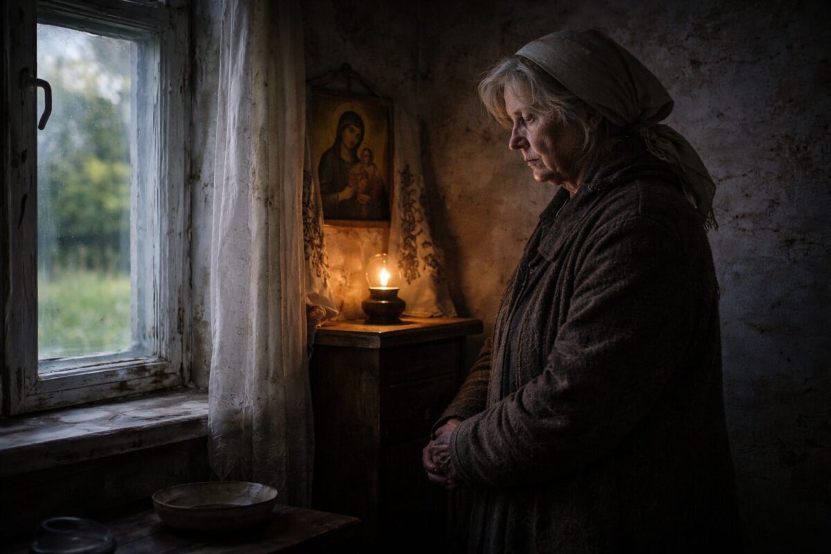 Пожилая женщина у иконы на рассвете — семейная драма и духовное прозрение