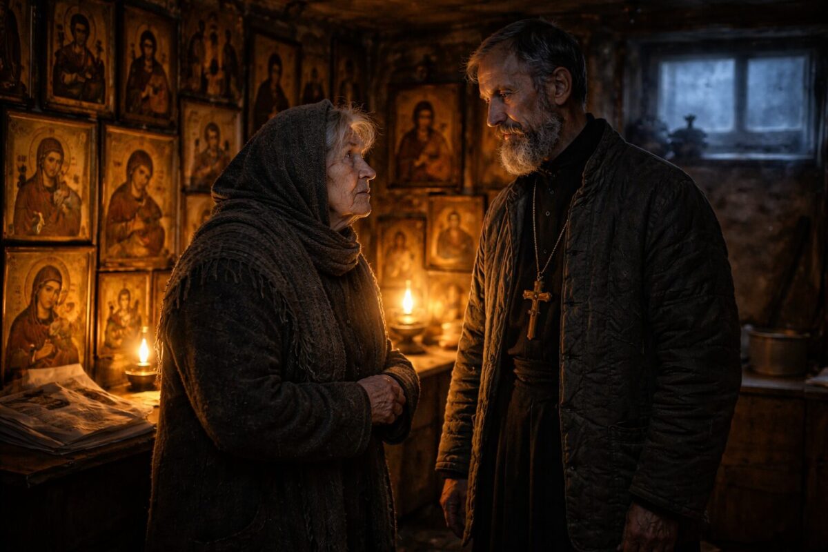 Пожилая женщина и священник в полутёмной комнате — семейный конфликт и вера