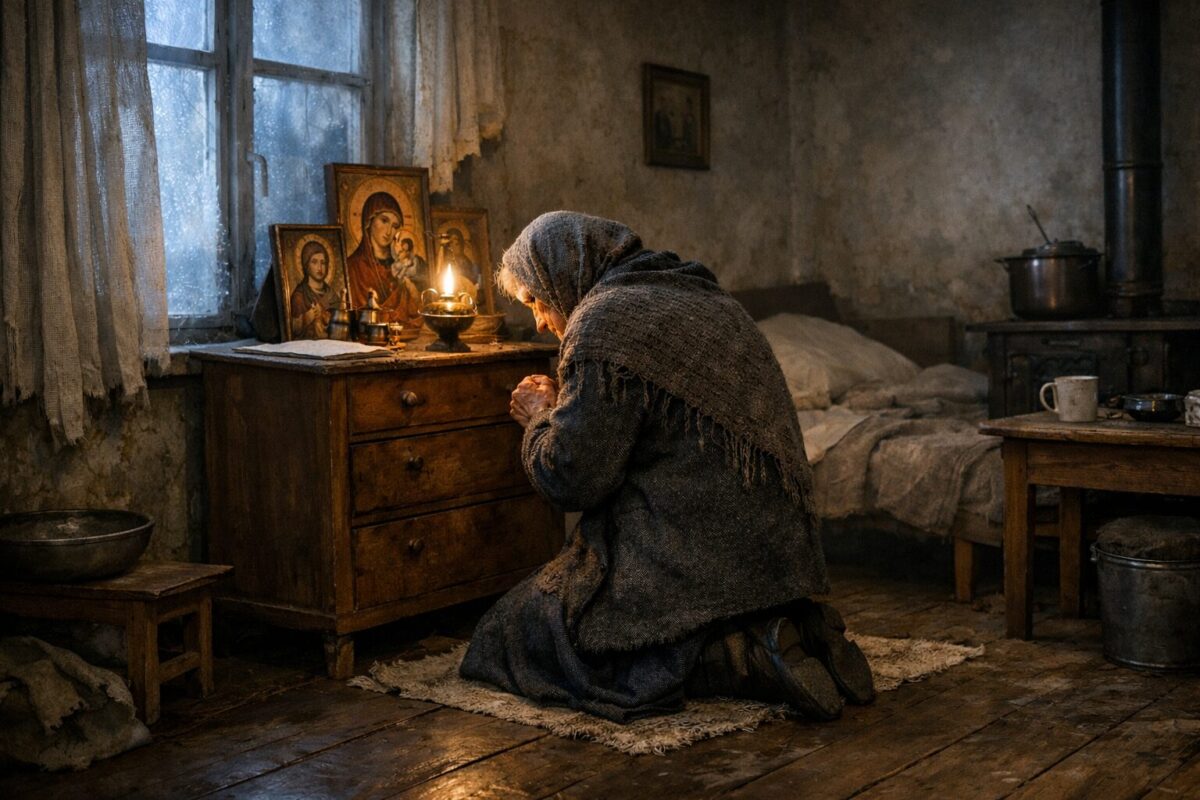 Пожилая женщина у икон в холодной комнате — семейная драма военных лет