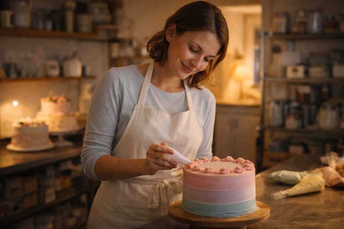 Молодая женщина украшает торт в светлой кондитерской кухне
