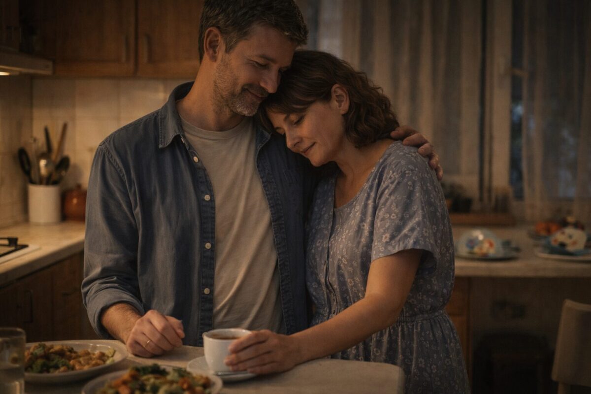 Мужчина и женщина стоят в кухне, обнимаются после откровенного разговора