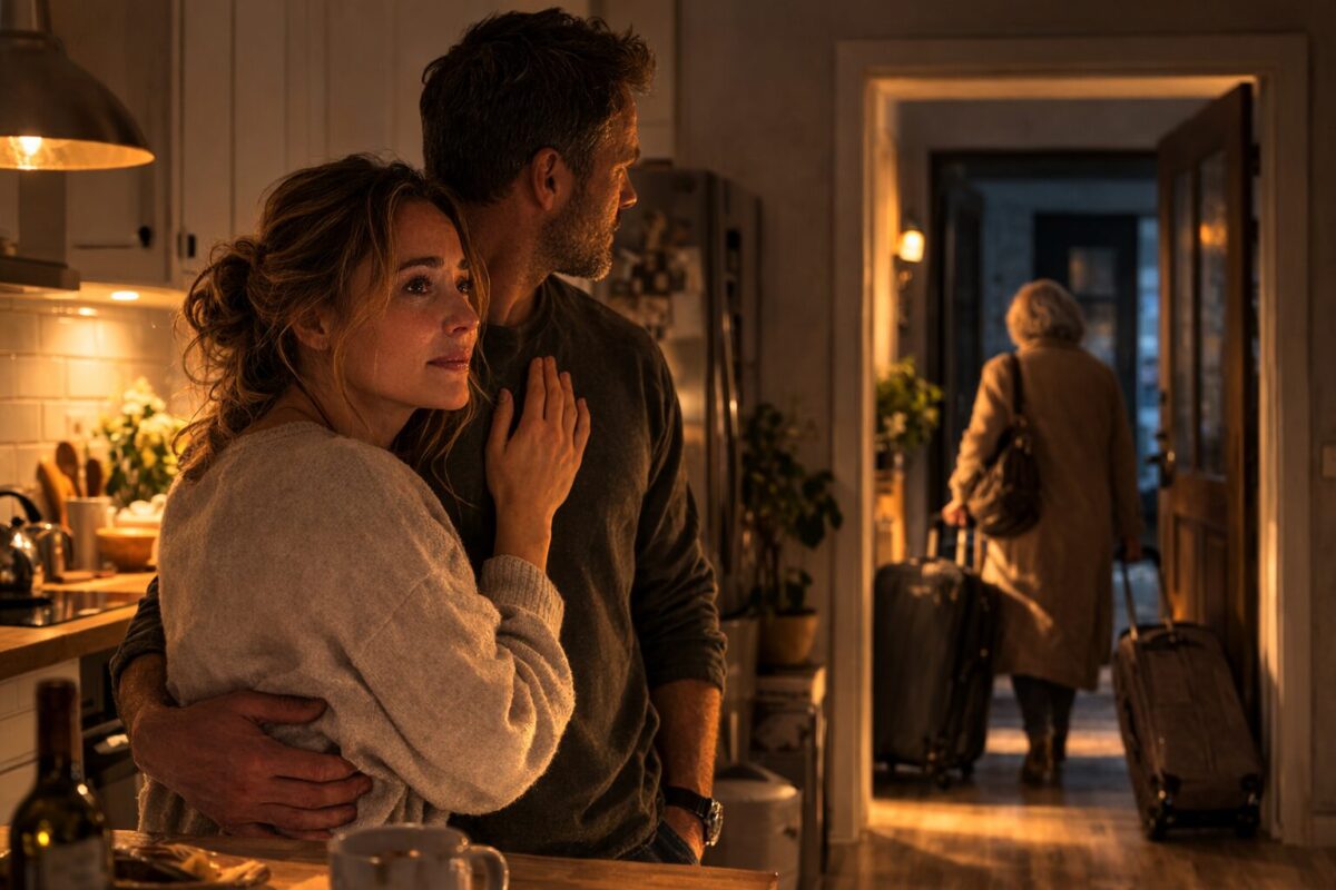 Семья смотрит, как тёща уходит из их дома с вещами