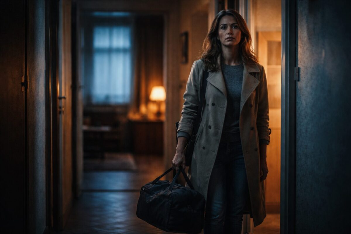 Женщина с дорожной сумкой выходит из квартиры — сильная женщина рассказ
