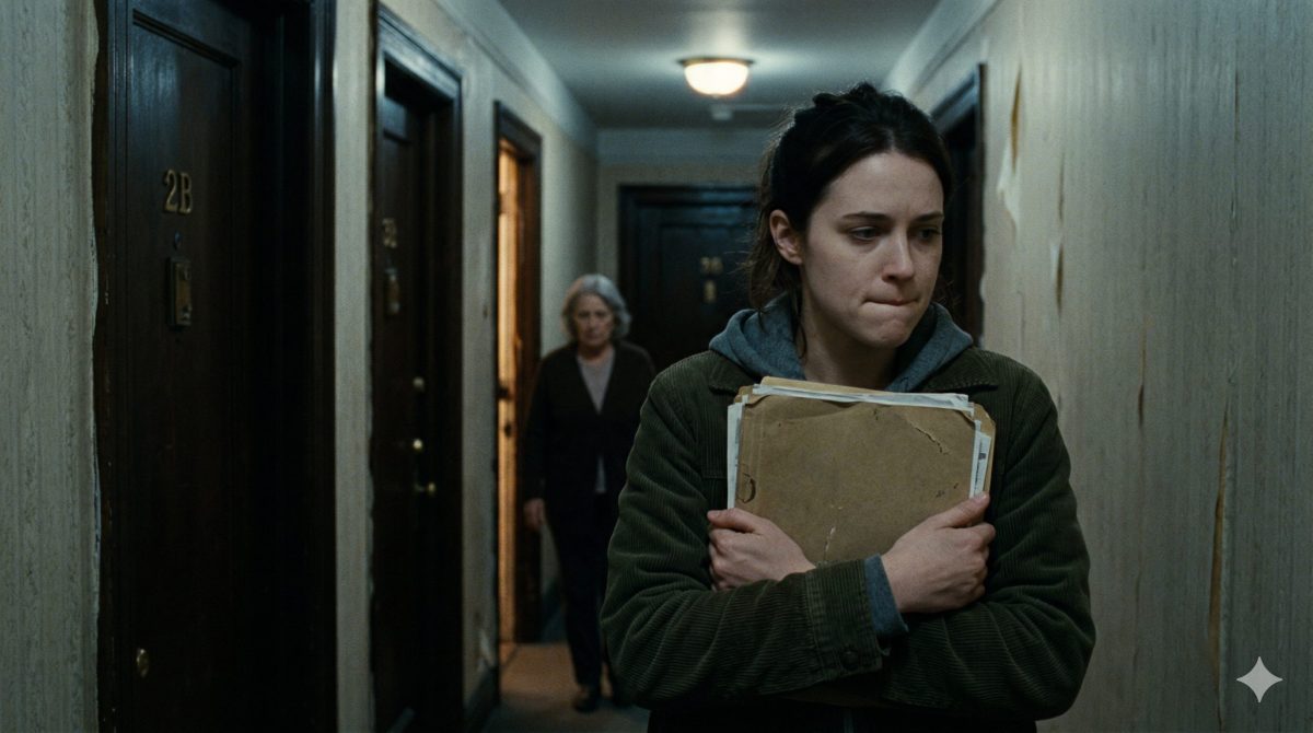 Девушка с папкой в руках, сильная женщина перед трудным выбором