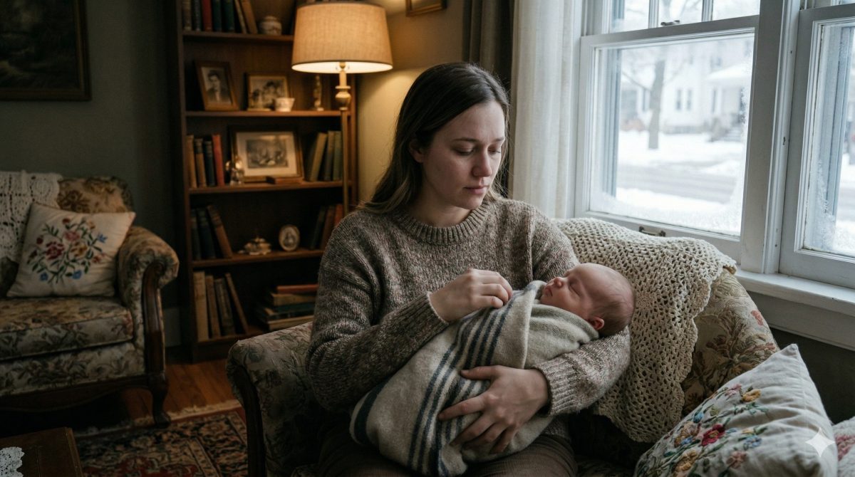 Грустная молодая мать с младенцем смотрит на старую фотографию. Жизненная история об обретении семьи.