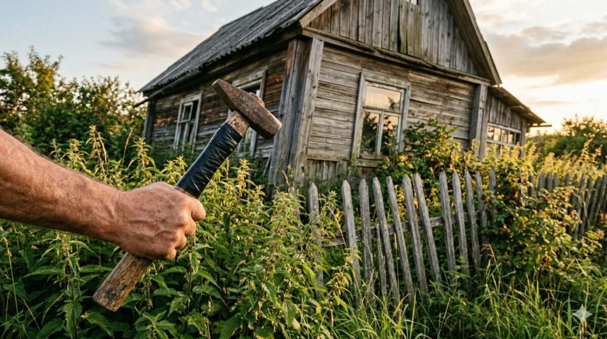 Заброшенный дачный дом с покосившимся забором и мужская рука с отцовским молотком