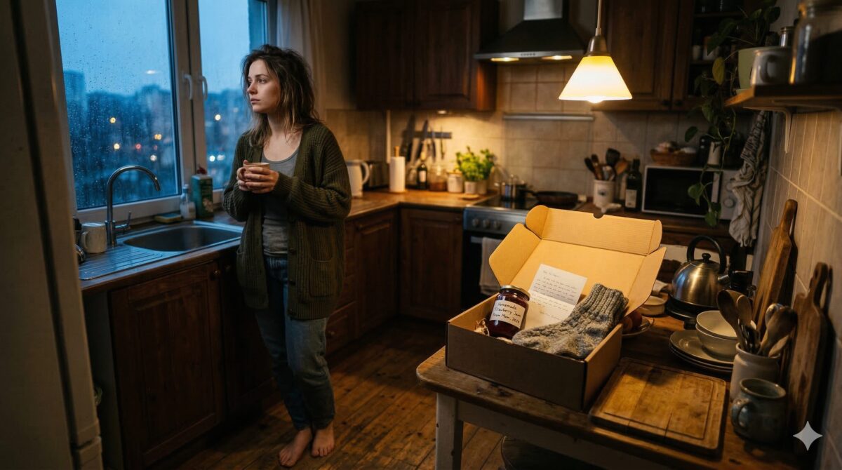 Девушка на кухне с посылкой от матери — жизненная история семьи