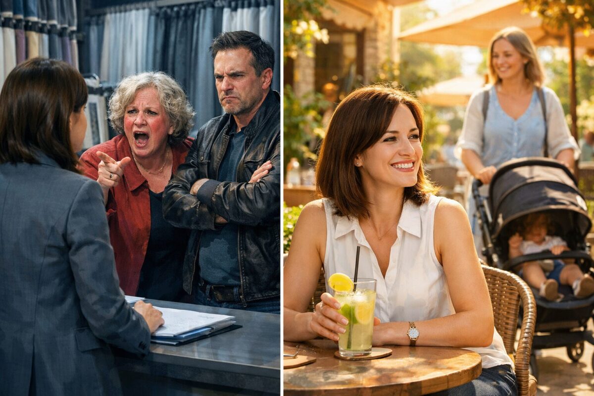 Марины с Олегом и его матерью в салоне штор, справа — Марина год спустя наслаждается лимонадом на летней веранде. Контраст между конфликтом и обретённым спокойствием.»