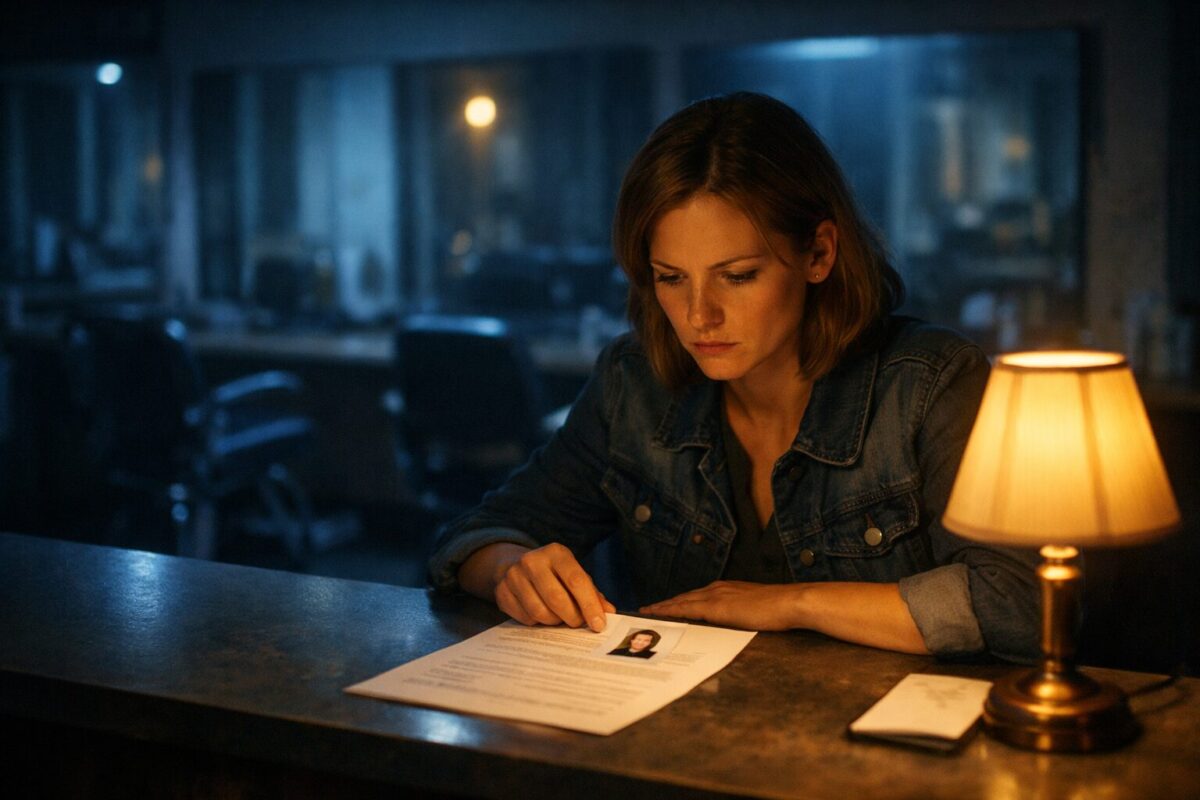 Женщина за стойкой пустого салона красоты смотрит на резюме с фотографией — сцена из рассказа об измене мужа