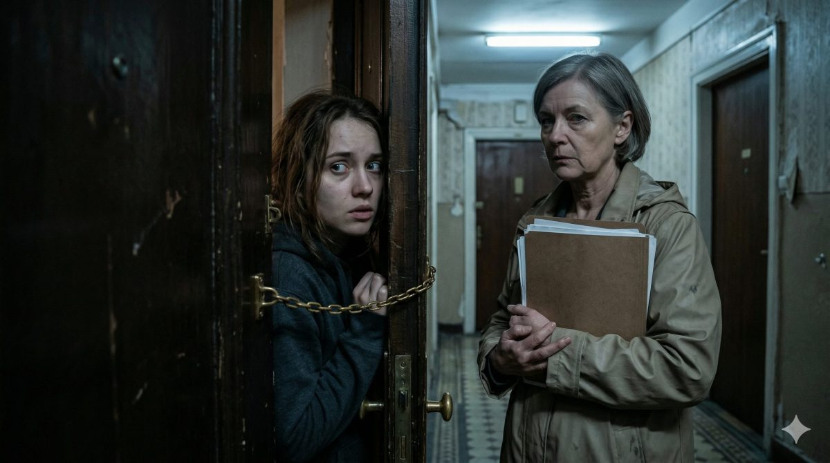 Девушка смотрит через приоткрытую дверь на незнакомку с документами. Сильная женщина дает отпор мошенникам.